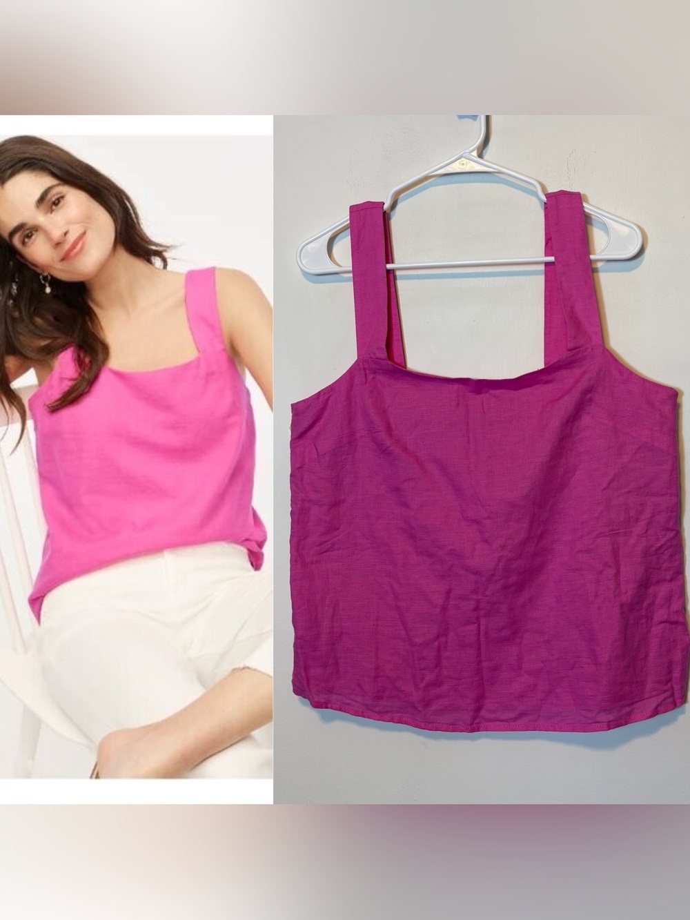 NEW J.CREW FACTORY Linen-blend Squareneck Tank Top Pink Wild Azalea Size M